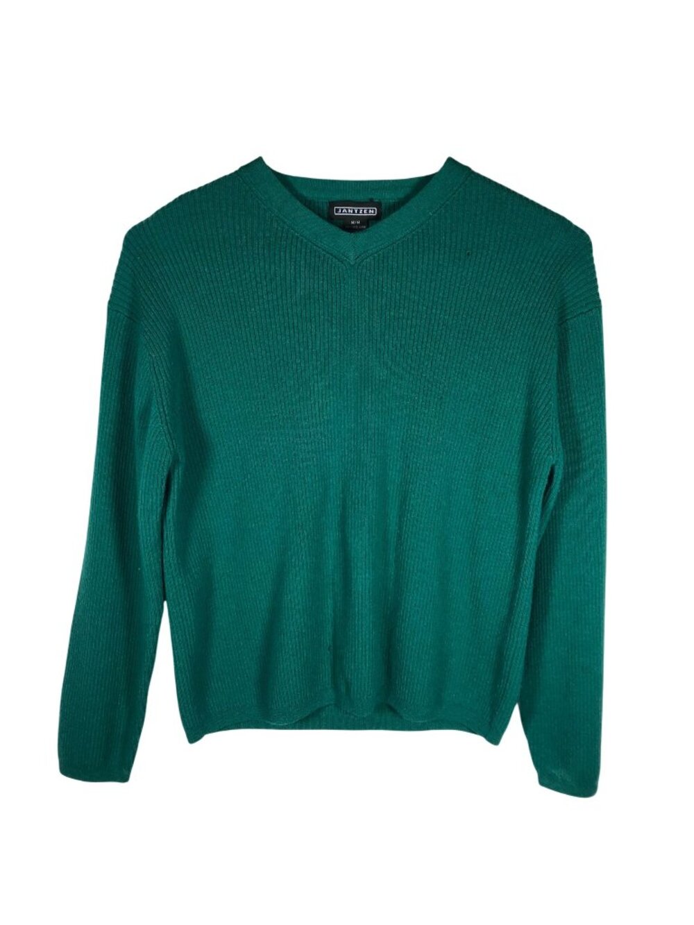 Jantzen Mens Wool Sweater Medium Green V-Neck Pullover Classic Rib Knit Casual